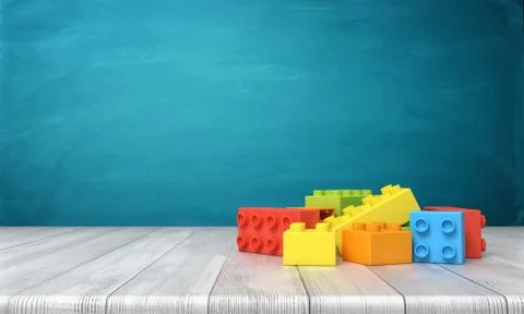 3d rendering of a toy building blocks lying in a colorful pile over a wooden Stock Illustration