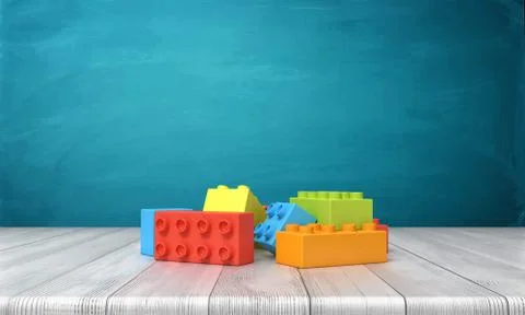 3d rendering of a toy building blocks lying in a colorful pile over a wooden Stock Illustration