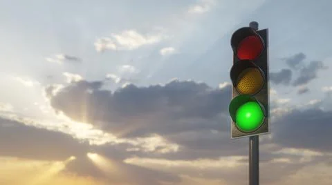 3D rendering of a traffic light against the background of sunset sky. Stock Illustration
