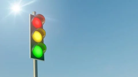 3D rendering of a traffic light against the background of blue sky. Stock Illustration