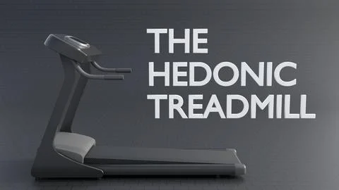 A 3D rendering of a treadmill and the word " The Hedonic Treadmill". Stock Illustration
