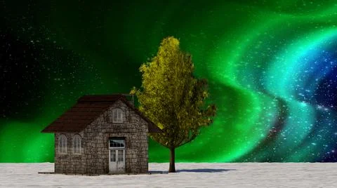 3d rendering tree and house in full leaf in winter  against sky Stock Illustration