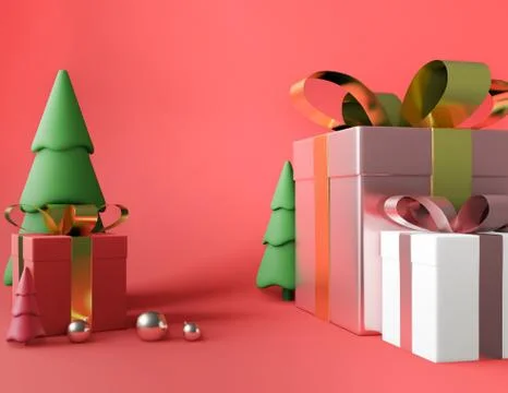 3D rendering tree square gift box and metallic pink golden bow-ribbon,balls a Stock Illustration