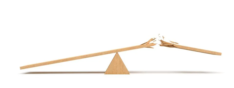3d rendering of a triangle seesaw made of light wood with a broken plank on Stock-Illustration