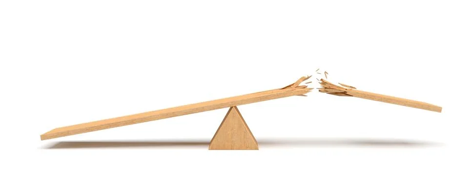 3d rendering of a triangle seesaw made of light wood with a broken plank on Stock Illustration