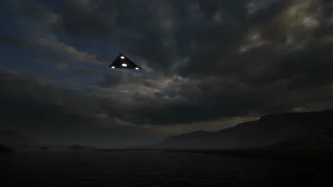 3D-rendering. Triangular ufo hung in the sky in the evening Stock Footage 226406444