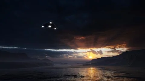 3D-rendering. Triangular ufo hung in the sky in the evening Stock Illustration