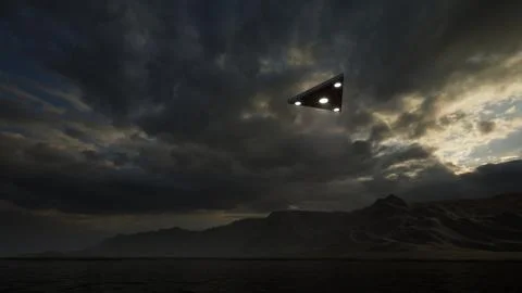 3D-rendering. Triangular ufo hung in the sky in the evening 스톡 일러스트