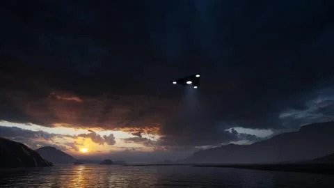 3D-rendering. Triangular ufo hung in the sky in the evening Stock Illustration