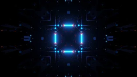 3D rendering of a trippy rectangular hallway made up of blue and red lights Ilustración de archivo