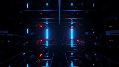 3D rendering of a trippy rectangular hallway made up of blue and red lights Ilustración de archivo