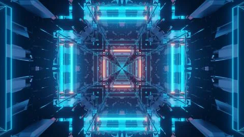 3D rendering of a trippy rectangular hallway made up of blue and red lights Ilustración de archivo