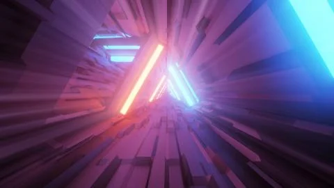 A 3D rendering of trippy triangular hallway illustration in blue and orange c Illustrazione stock