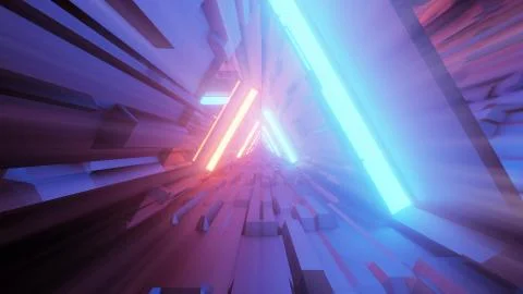 A 3D rendering of trippy triangular hallway illustration in blue and orange c Ilustração Stock