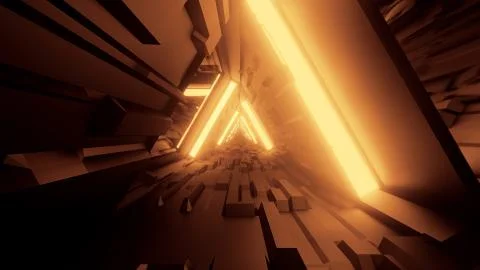 3D rendering of trippy triangular hallway illustration in dark gold colors 스톡 일러스트