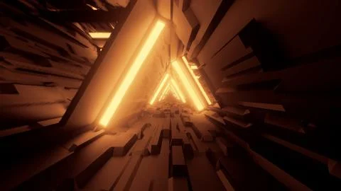 3D rendering of trippy triangular hallway illustration in dark gold colors Stock Illustration
