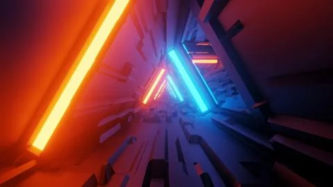 A 3D rendering of trippy triangular hallway illustration in blue and orange c Illustrazione stock