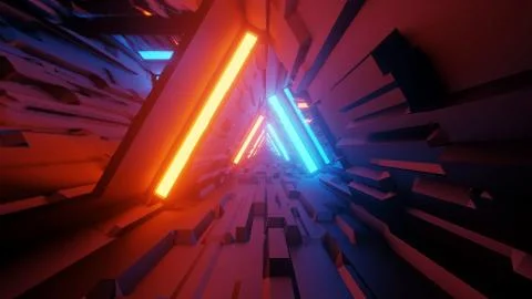 A 3D rendering of trippy triangular hallway illustration in blue and orange c Illustrazione stock