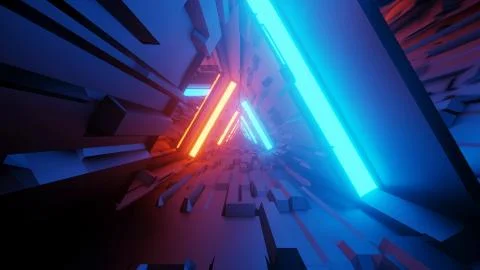 A 3D rendering of trippy triangular hallway illustration in blue and orange c Stockillustratie