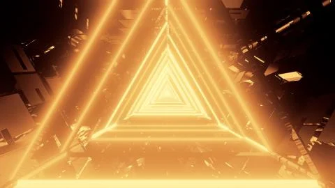 3D rendering of trippy triangular hallway illustration in dark gold colors Illustrazione stock