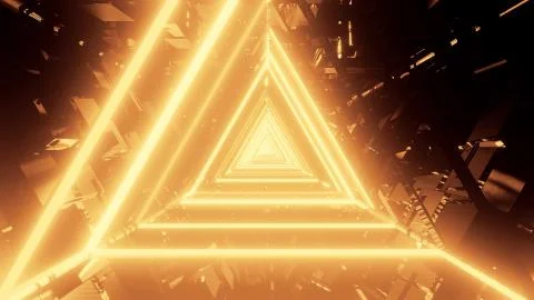 3D rendering of trippy triangular hallway illustration in dark gold colors Illustrazione stock