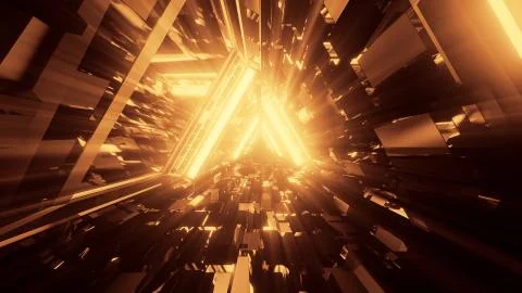 3D rendering of trippy triangular hallway illustration in dark gold colors Ilustração Stock