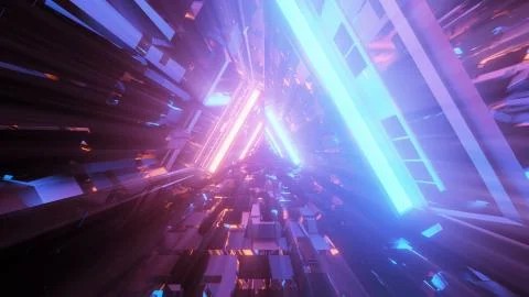 3D rendering of a trippy triangular hallway in blue and orange colors Ilustração Stock