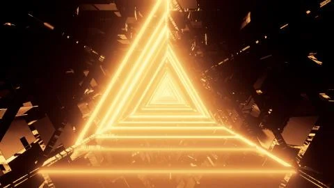 3D rendering of trippy triangular hallway illustration in dark gold colors 스톡 일러스트