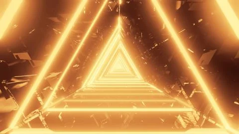 3D rendering of trippy triangular hallway illustration in dark gold colors Illustrazione stock