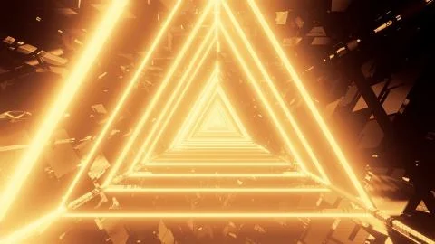 3D rendering of trippy triangular hallway illustration in dark gold colors 스톡 일러스트