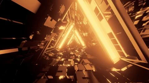 3D rendering of trippy triangular hallway illustration in dark gold colors Illustrazione stock