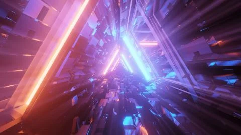 3D rendering of a trippy triangular hallway in blue and orange colors イラスト素材