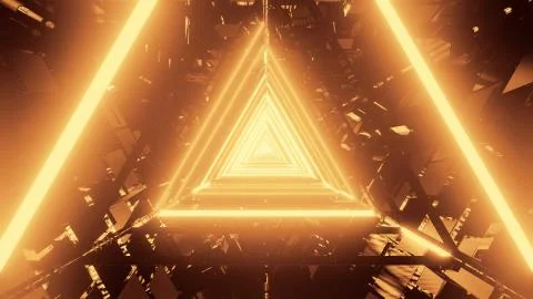 3D rendering of trippy triangular hallway illustration in dark gold colors Ilustración de archivo