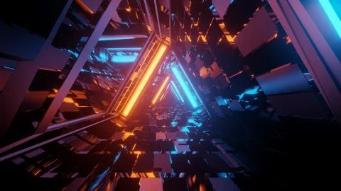 3D rendering of a trippy triangular hallway in blue and orange colors Illustrazione stock