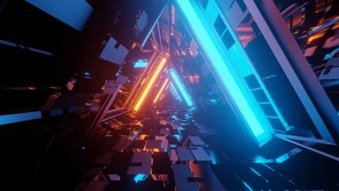 3D rendering of a trippy triangular hallway in blue and orange colors Illustrazione stock