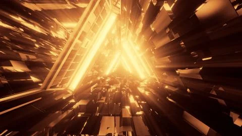 3D rendering of trippy triangular hallway illustration in dark gold colors Stock Illustration