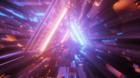 3D rendering of a trippy triangular hallway in blue and orange colors Ilustración de archivo