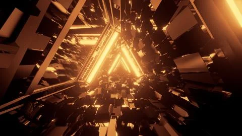 3D rendering of trippy triangular hallway illustration in dark gold colors Stock Illustration