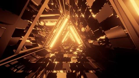 3D rendering of trippy triangular hallway illustration in dark gold colors Ilustración de archivo