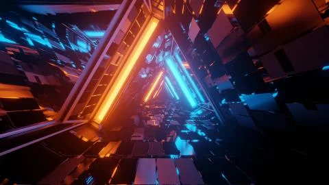 3D rendering of a trippy triangular hallway in blue and orange colors イラスト素材