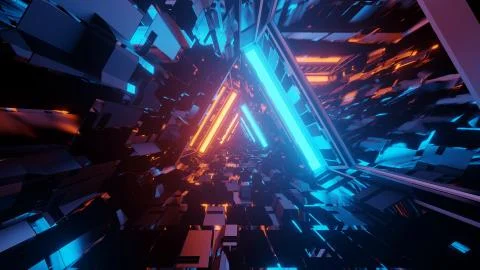 3D rendering of a trippy triangular hallway in blue and orange colors Stock Illustration