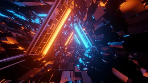 3D rendering of a trippy triangular hallway in blue and orange colors 스톡 일러스트