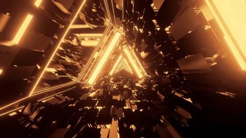 3D rendering of trippy triangular hallway illustration in dark gold colors Illustrazione stock