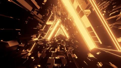 3D rendering of a trippy triangular hallway in dark gold colors イラスト素材