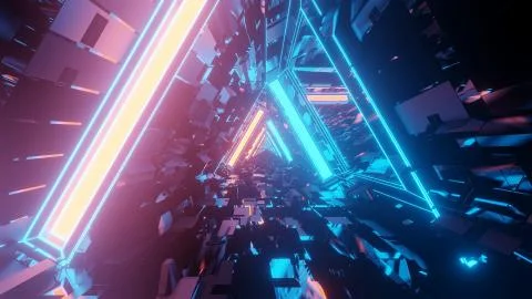 3D rendering of a trippy triangular hallway in blue and orange colors Illustrazione stock