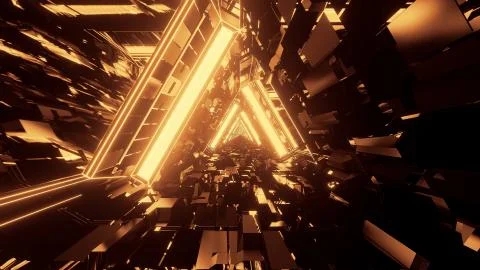 3D rendering of a trippy triangular hallway in dark gold colors Illustrazione stock