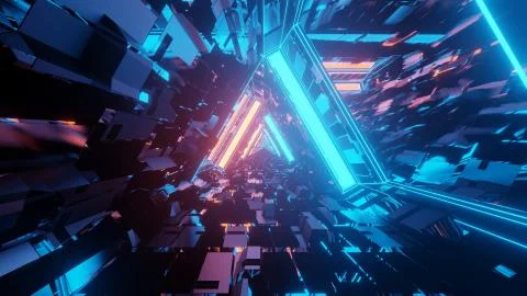3D rendering of a trippy triangular hallway in blue and orange colors Ilustração Stock