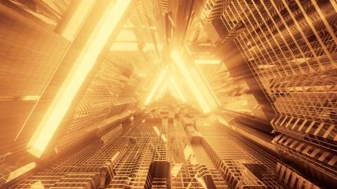 3D rendering of a trippy triangular hallway in gold colors Illustrazione stock