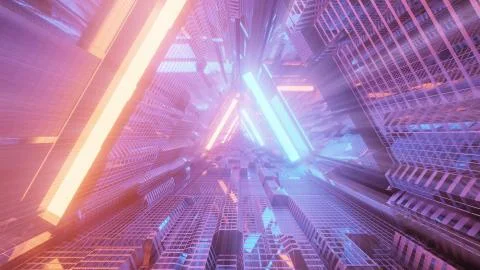 3D rendering of a trippy triangular hallway in bright blue and orange colors イラスト素材