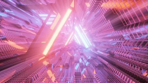 3D rendering of a trippy triangular hallway in bright blue and orange colors Illustrazione stock